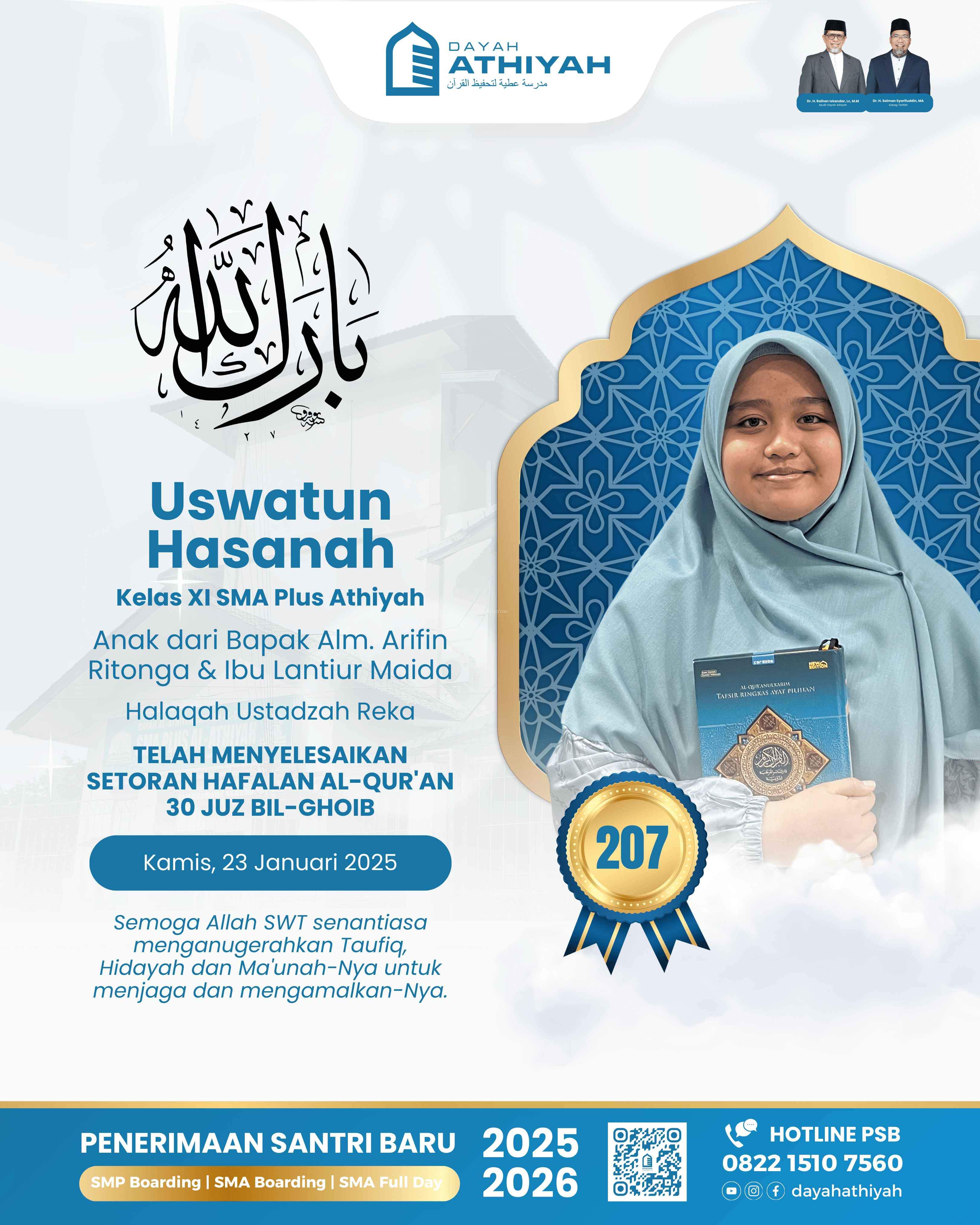 Selamat kepada Uswatun Hasanah: Pencapaian Gemilang dalam Menghafal Al-Qur'an 30 Juz Bil-Ghoib